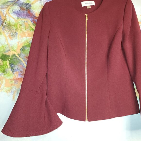 Calvin Klein Burgundy Bell Sleeve Blazer Jacket Gold Zipper Women's 8 - Picture 5 of 10